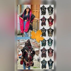 Mexican Woven Frida Art poncho Sarape Fringe Cape Adult Size